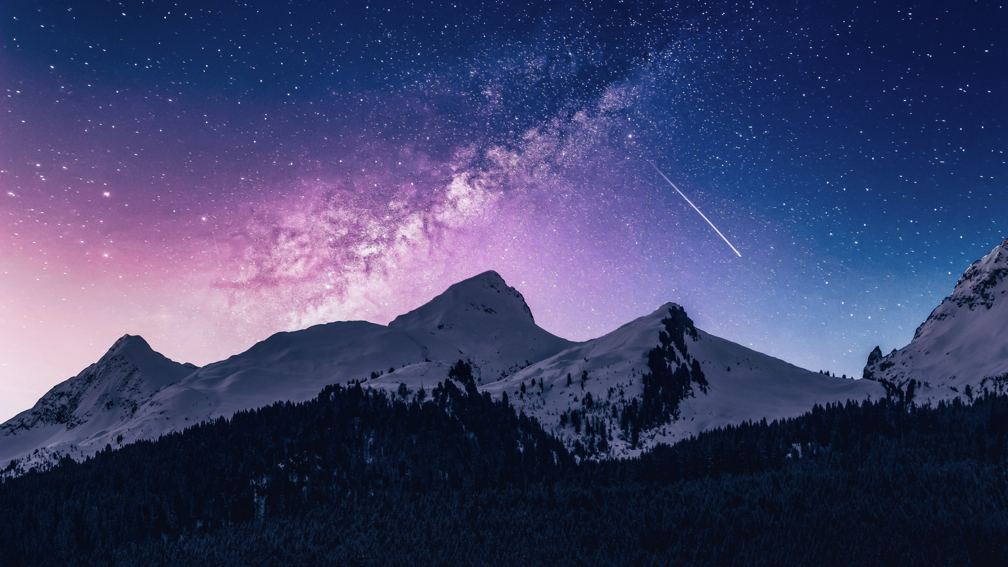 Snowy Mountains Under a Starry Sky with Meteor HD Wallpaper