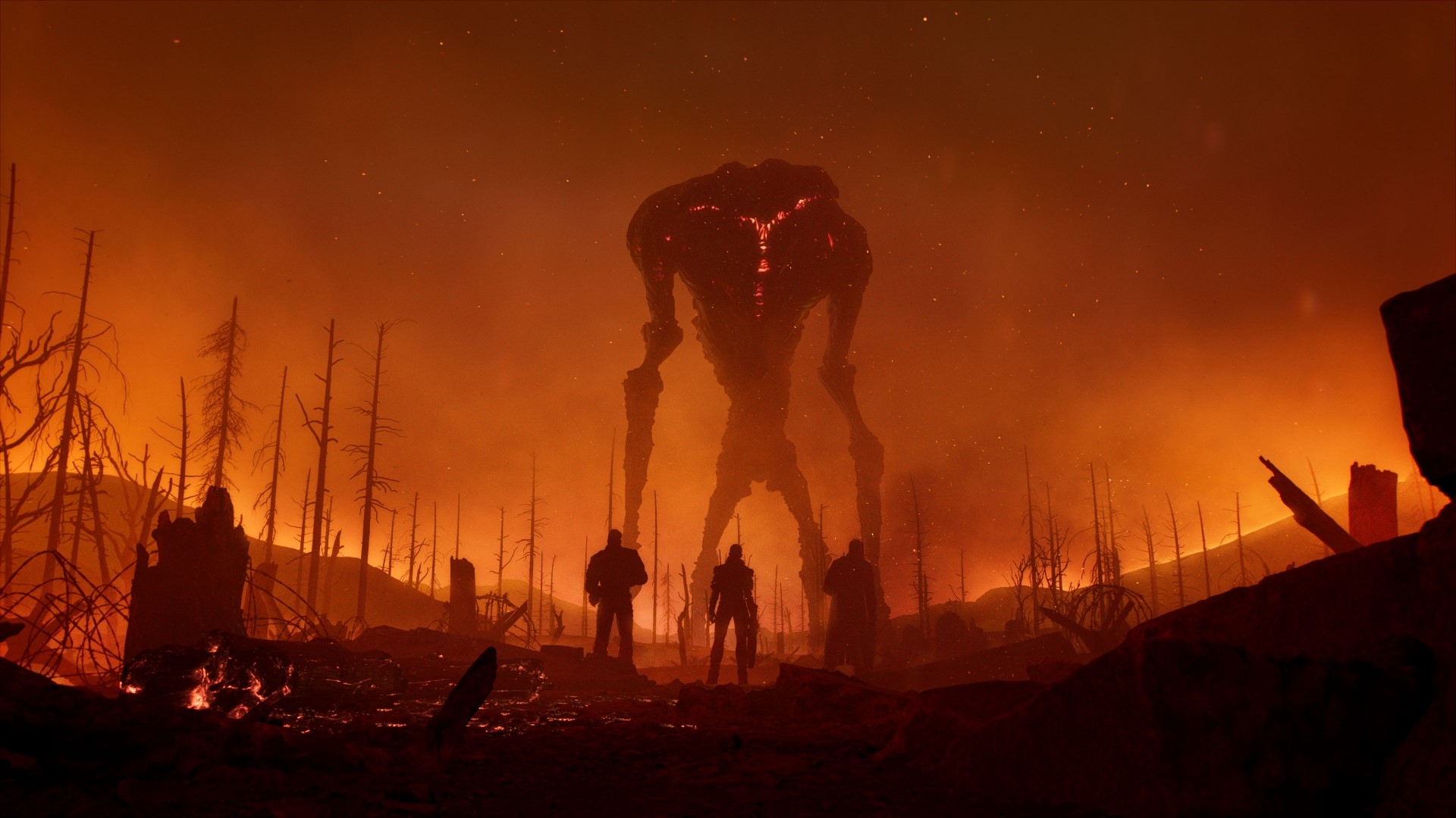 Outriders: A giant alien creature looms over three survivors in a burnt forest. HD Wallpaper