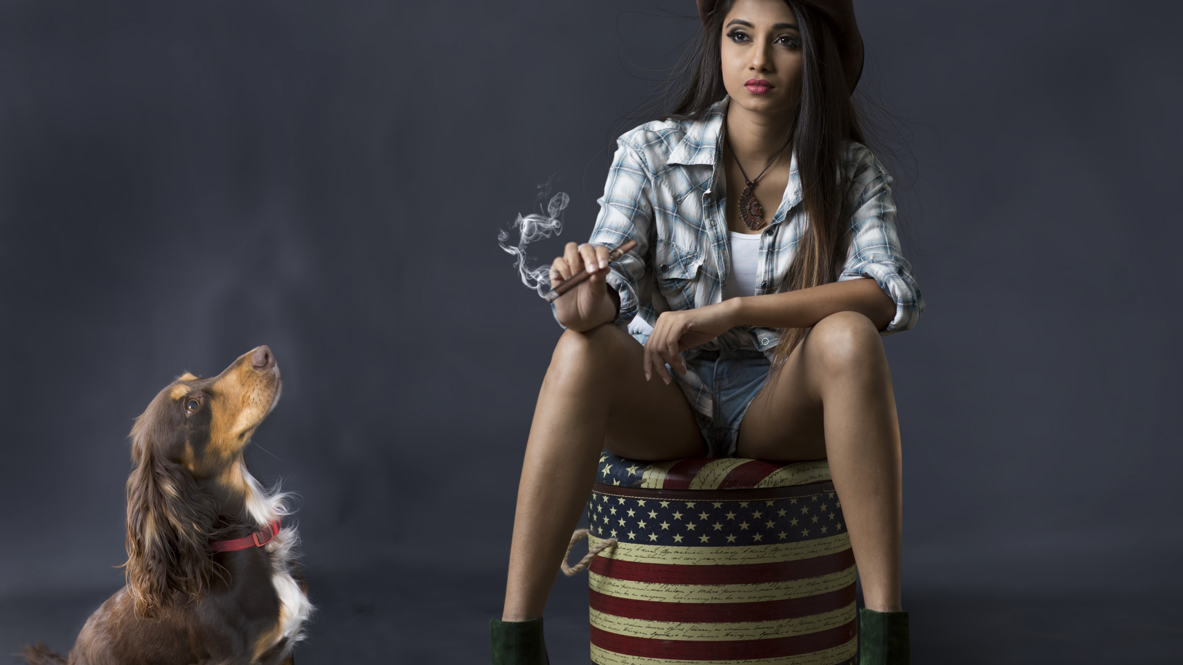 Girl with cigar and dog HD Wallpaper