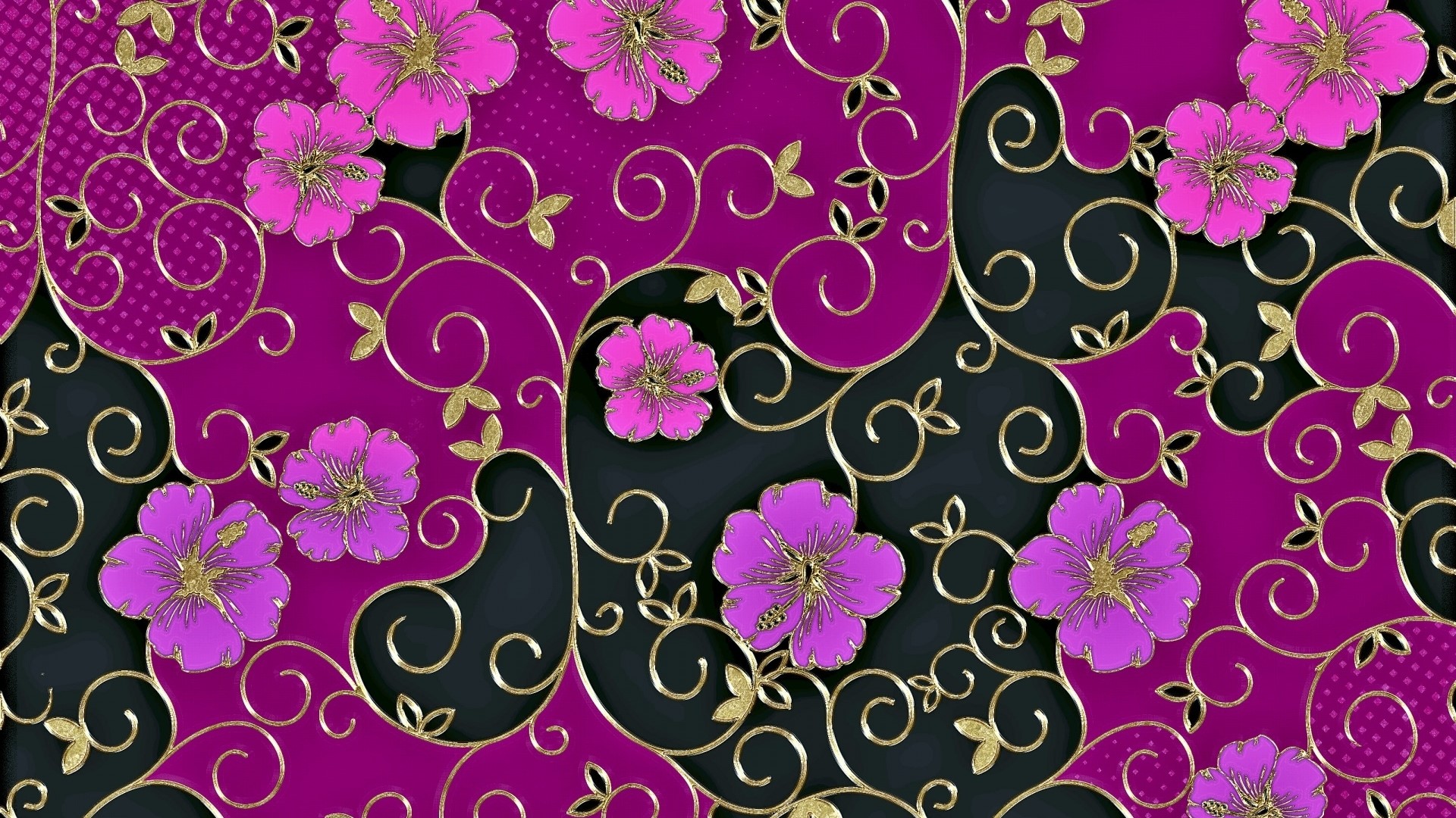 Pink and purple hibiscus floral pattern with gold swirls HD Wallpaper