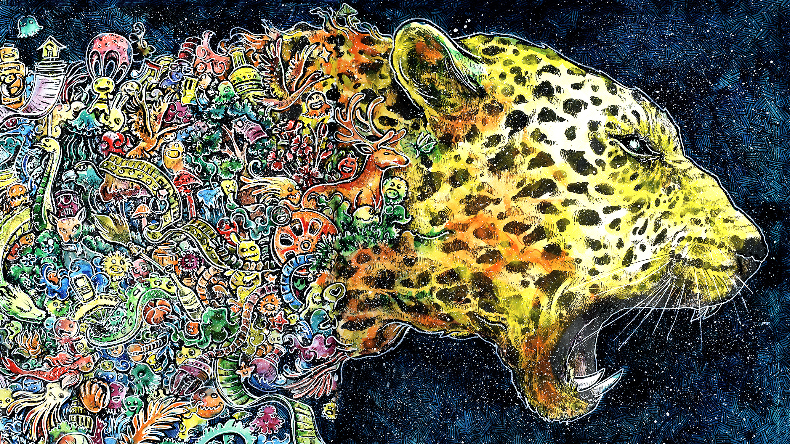 Leopard head with colorful doodle art explosion HD Wallpaper