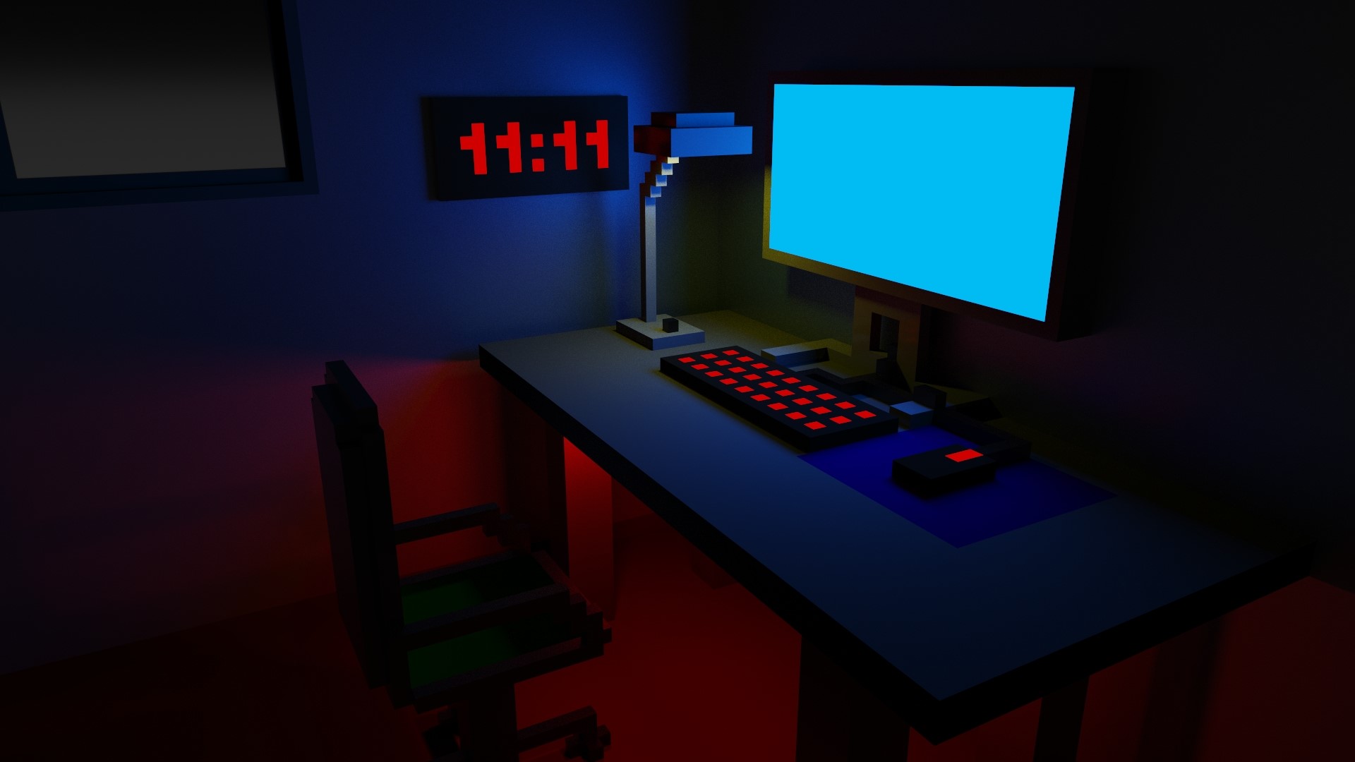 Voxel game table with computer and clock HD Wallpaper