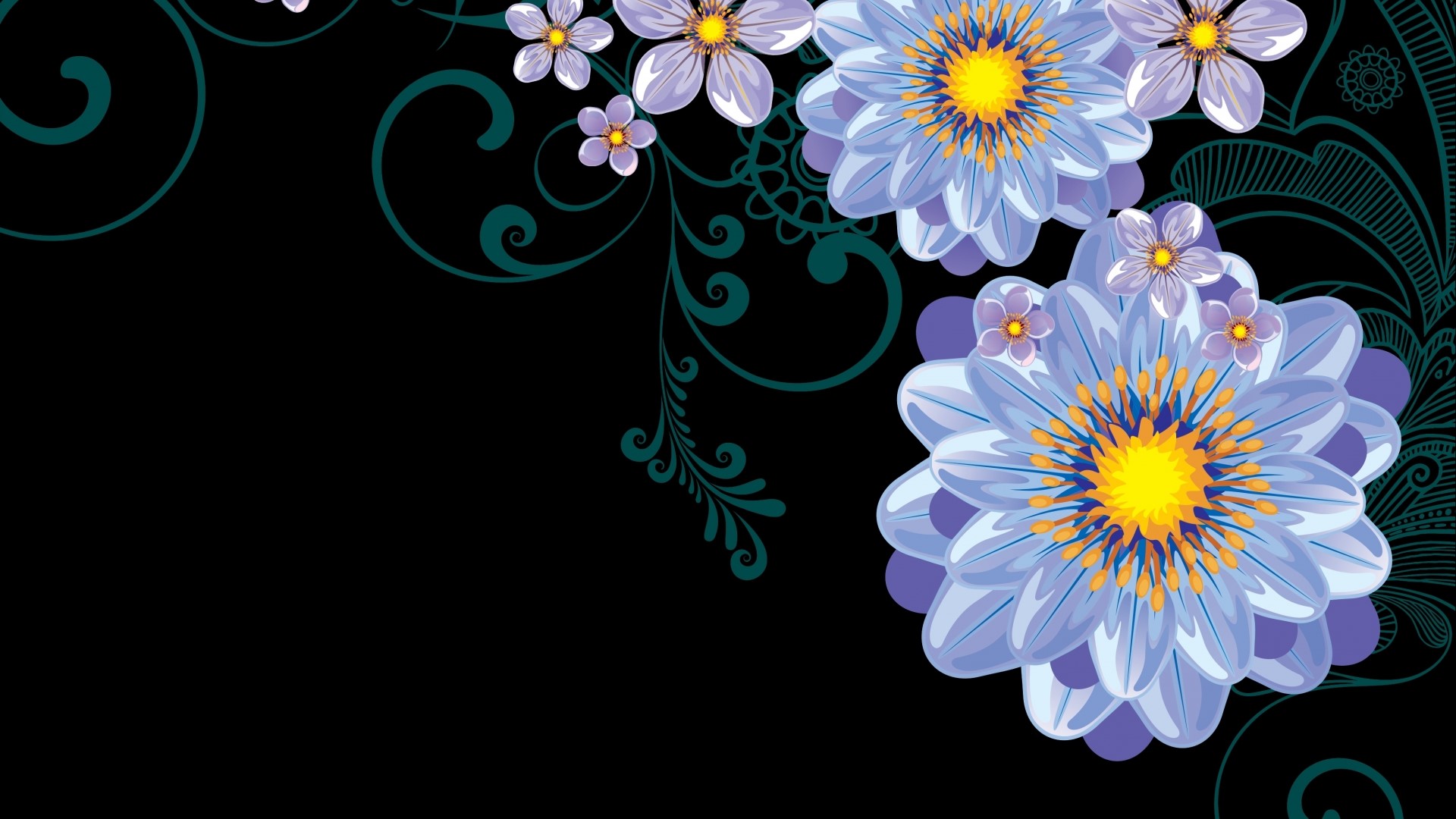 Vector flowers with swirls on black background HD Wallpaper