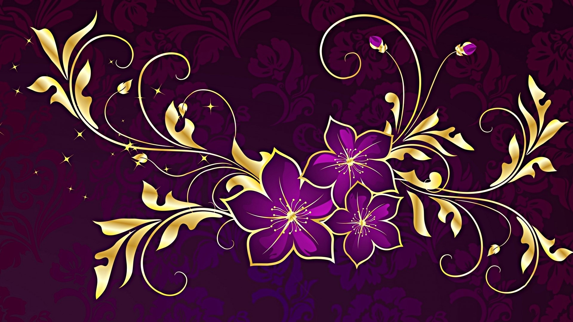 Gold floral ornaments with purple flowers HD Wallpaper