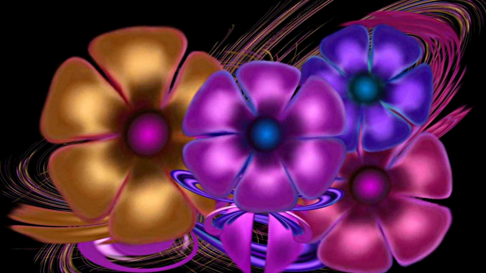 Abstract Digital Flowers with Swirling Lines HD Wallpaper