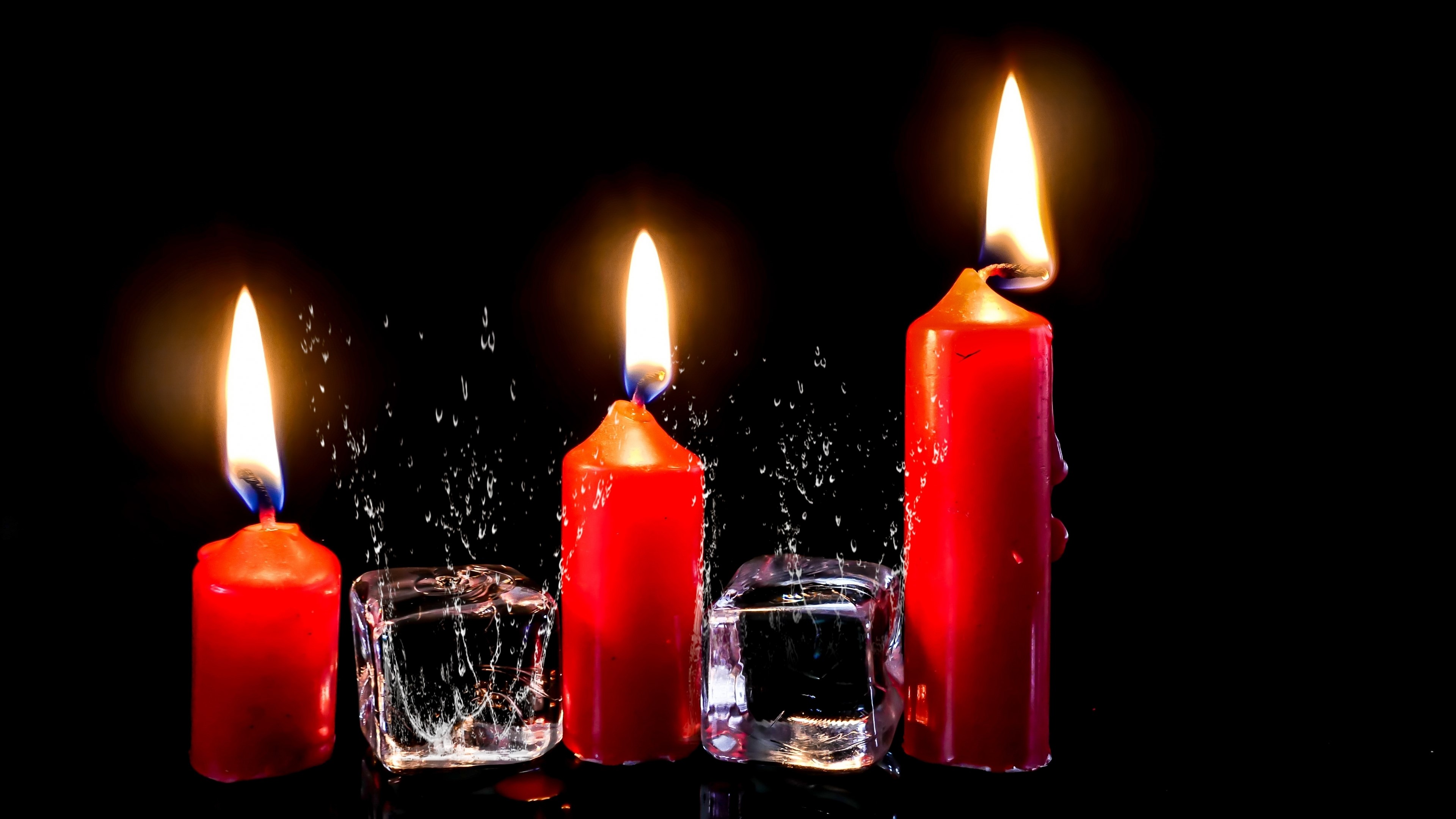 Four red candles and ice cubes HD Wallpaper