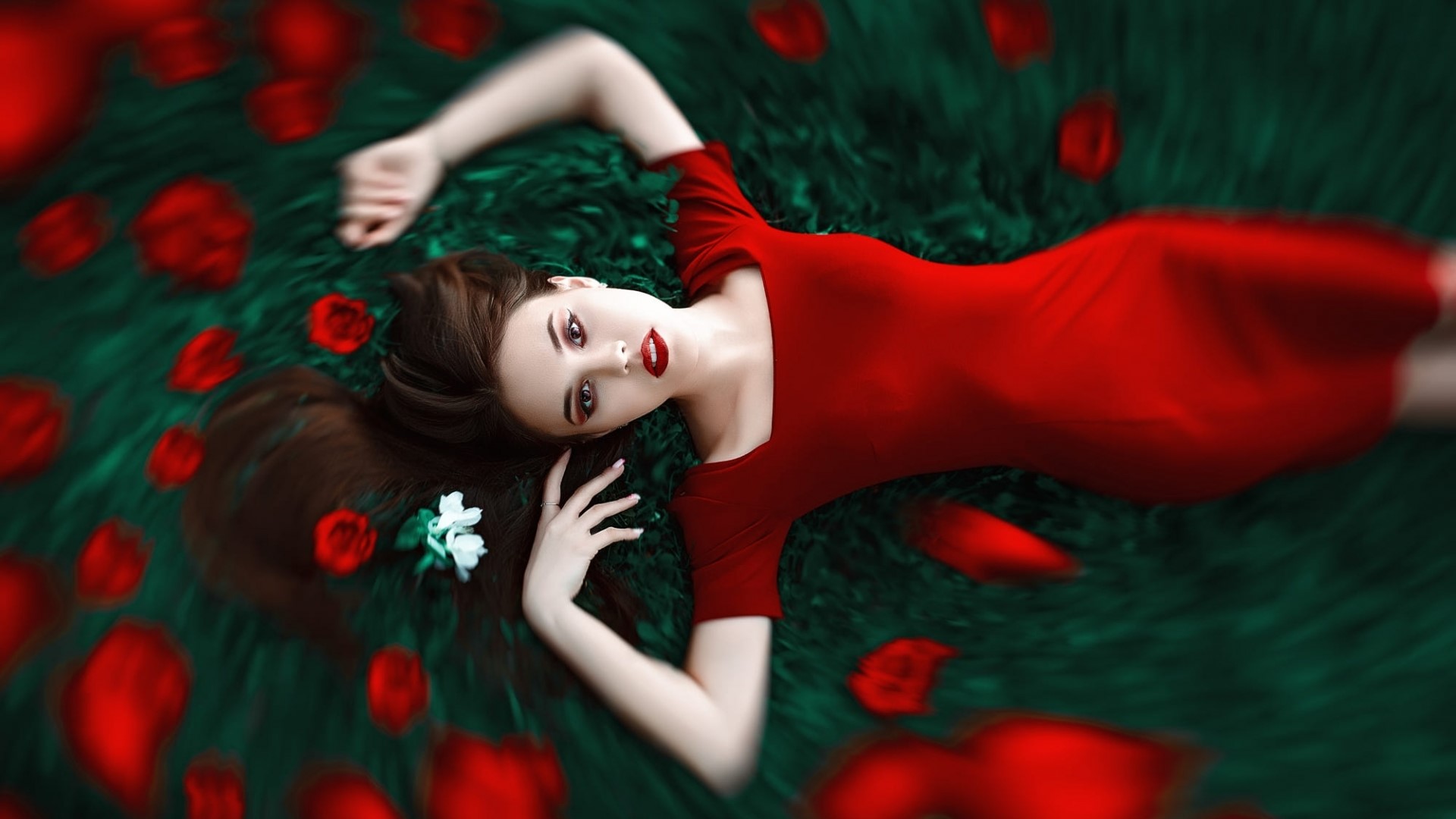 Woman in red dress lying on grass with rose petals HD Wallpaper