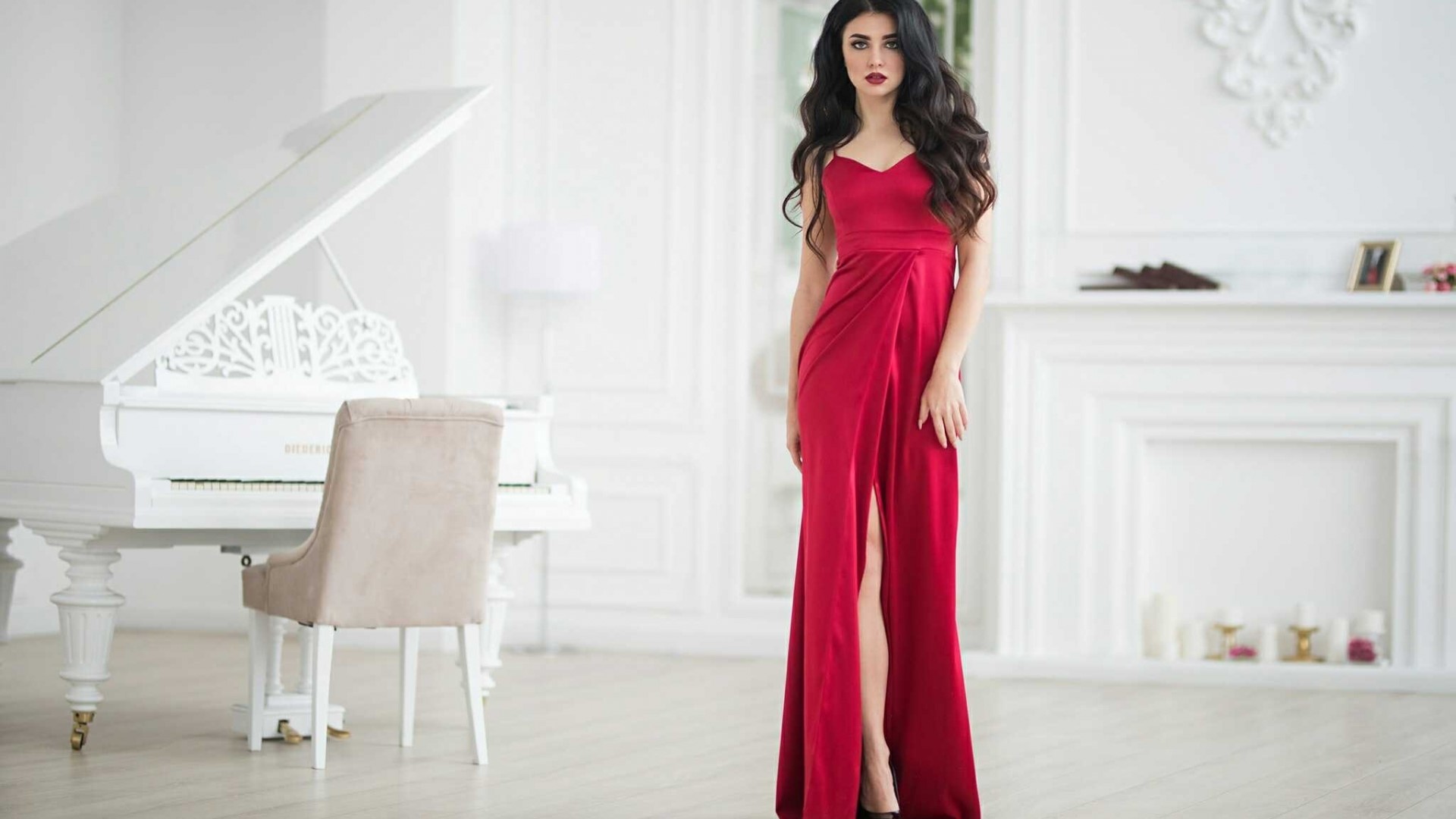 Woman in red dress by a white piano HD Wallpaper