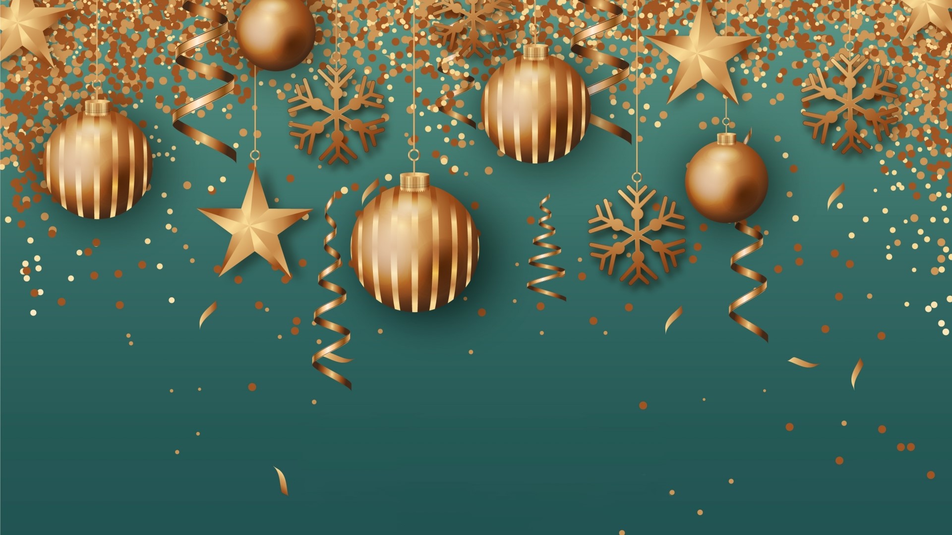 Golden Christmas Ornaments and Snowflakes HD Wallpaper