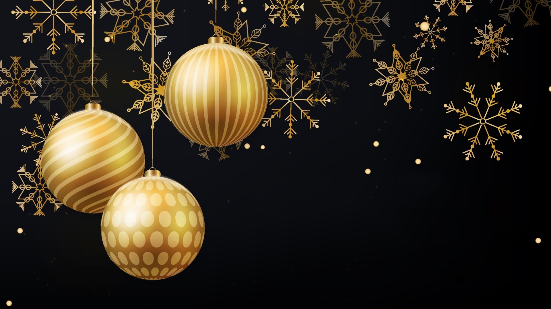Golden Christmas Ornaments and Snowflakes on Black Background HD Wallpaper