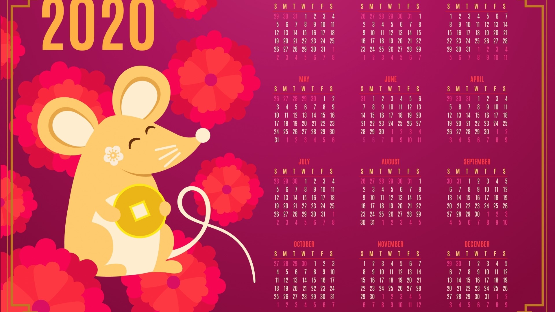 2020 Calendar with a Rat holding a Coin HD Wallpaper
