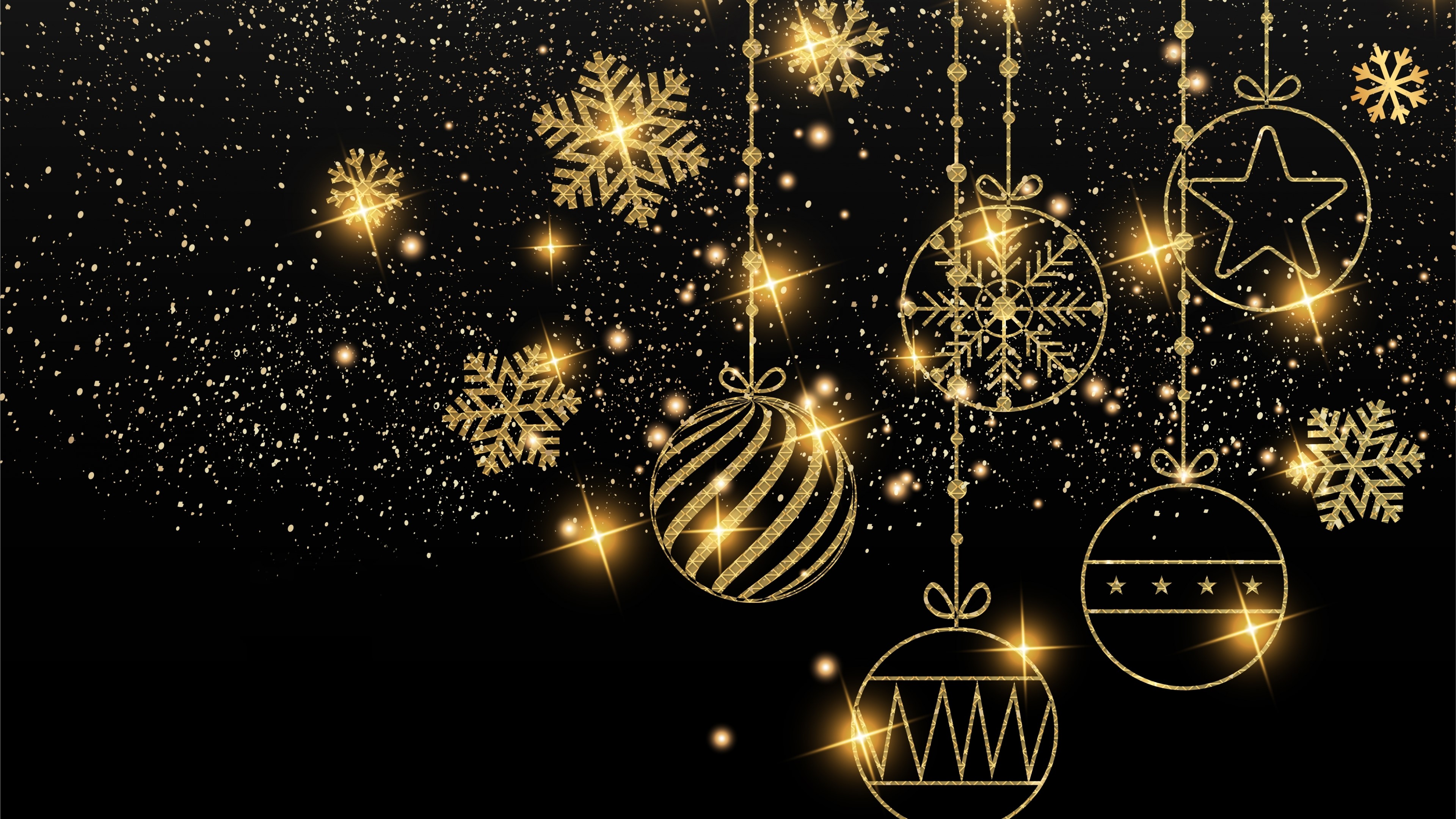 4K New Year Golden Ornaments and Snowflakes HD Wallpaper