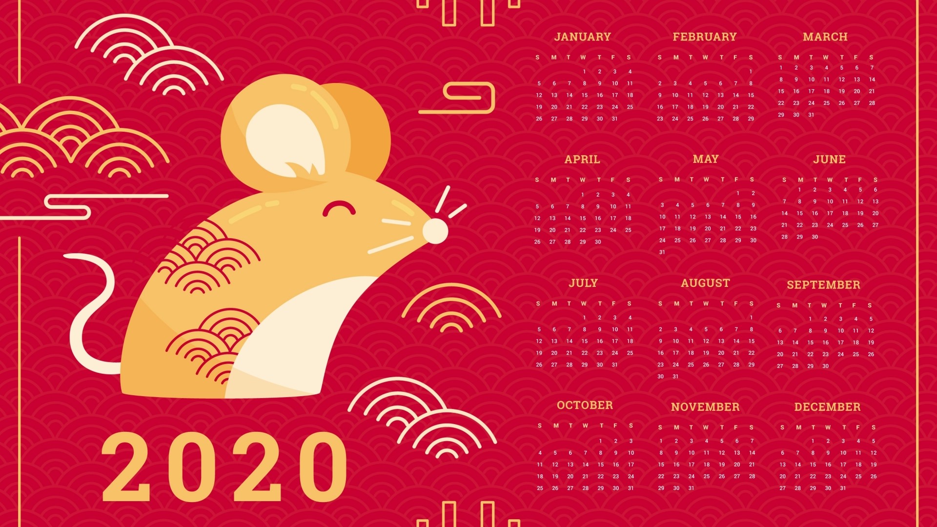 2020 Calendar with Chinese New Year Rat Illustration HD Wallpaper