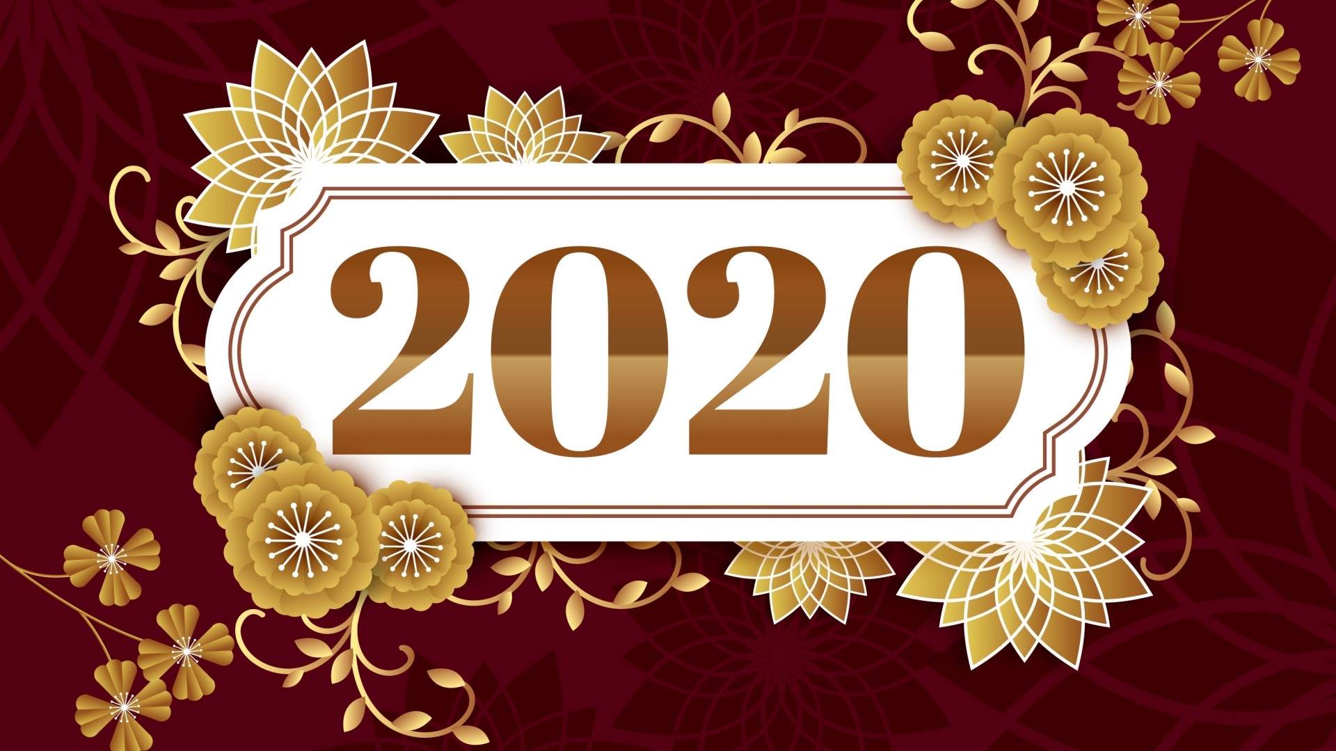 2020 New Year Celebration with Golden Flowers HD Wallpaper