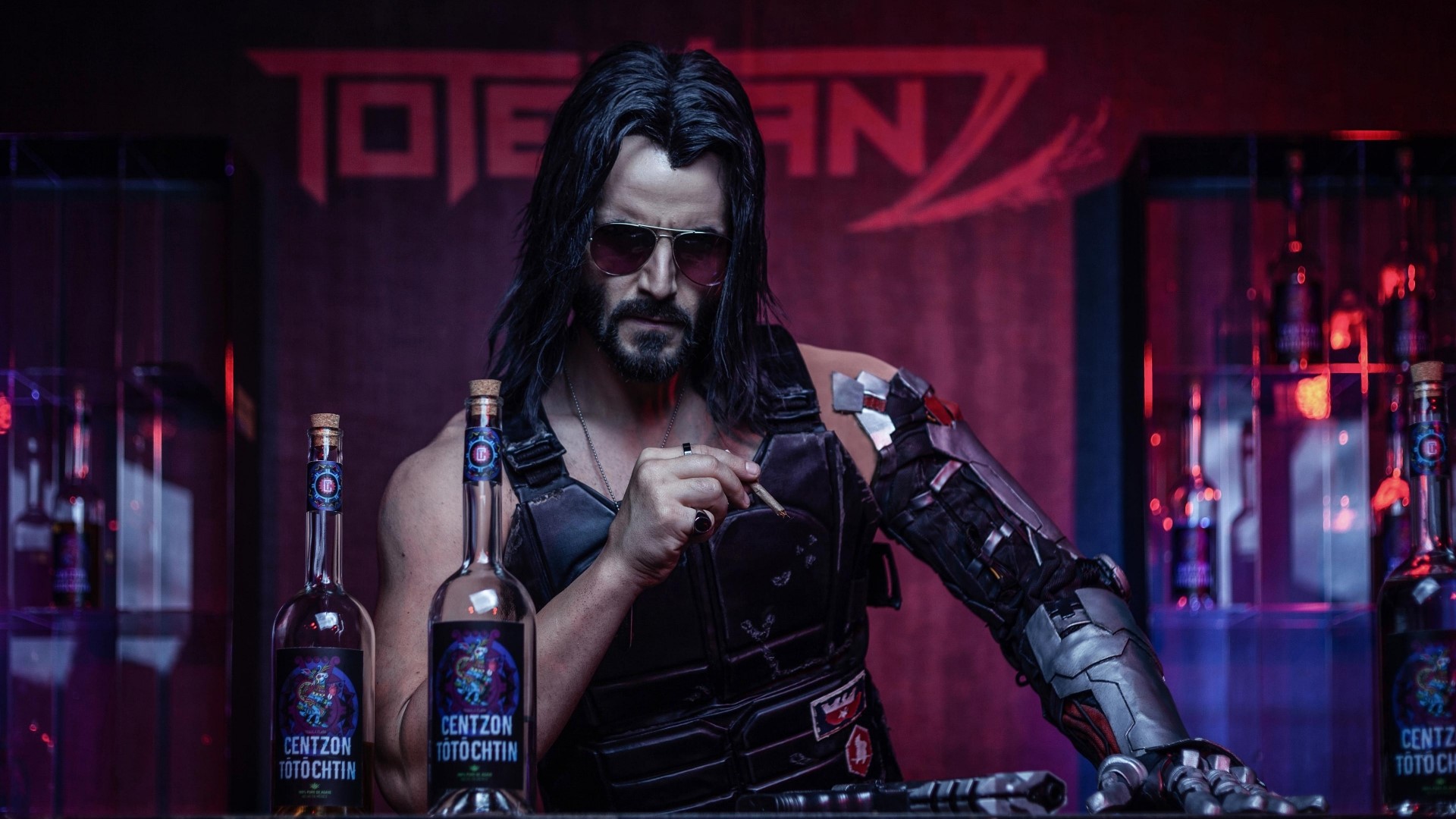 Johnny Silverhand from Cyberpunk 2077 with Centzon Totochtin bottles HD Wallpaper