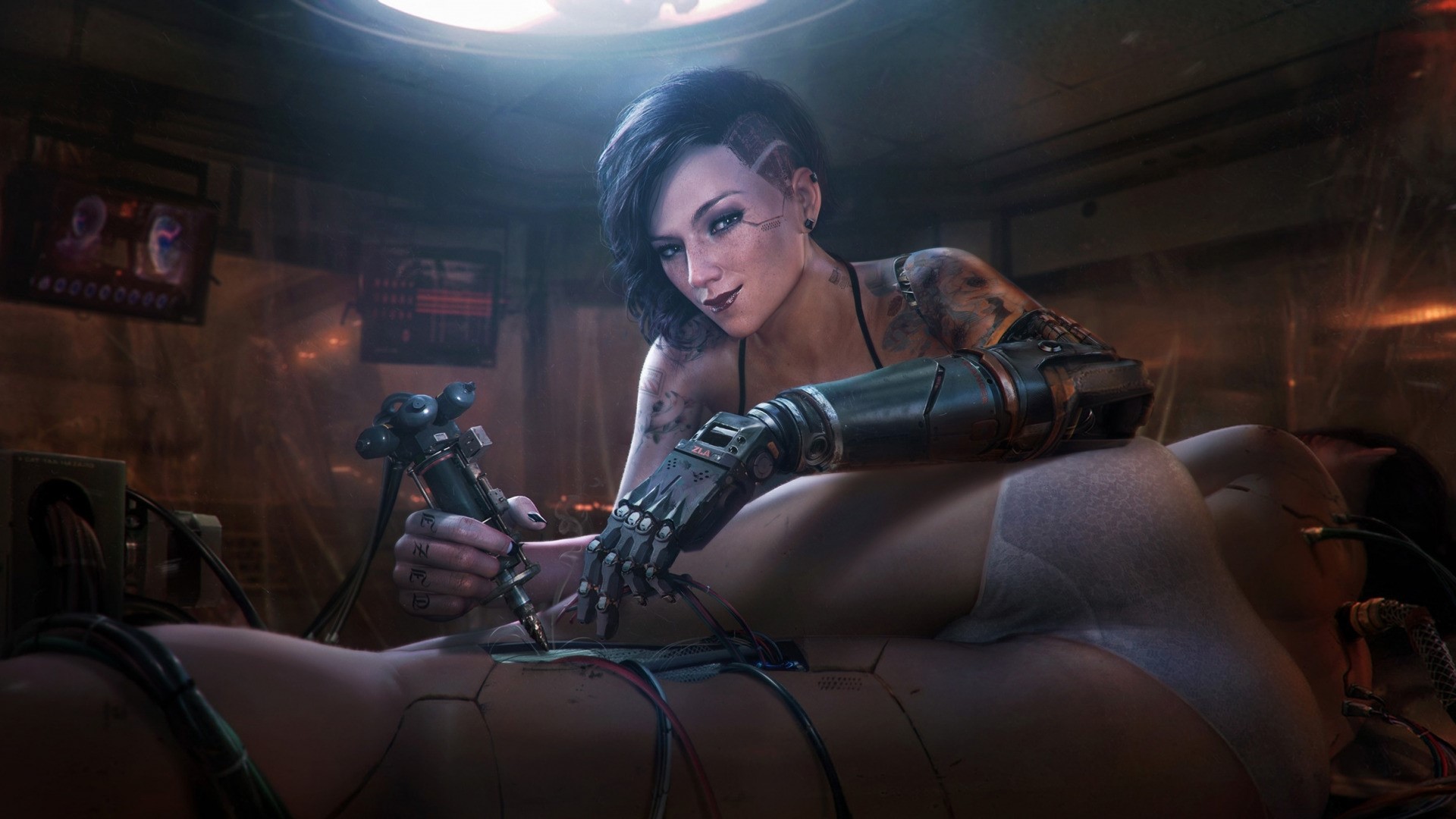 Female cybernetic surgeon performing procedure in Cyberpunk 2077 HD Wallpaper