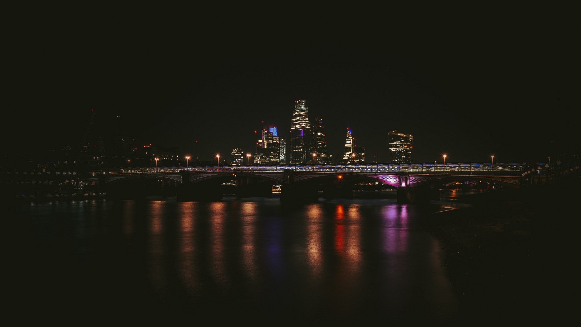 Night city skyline with bridge and river HD Wallpaper