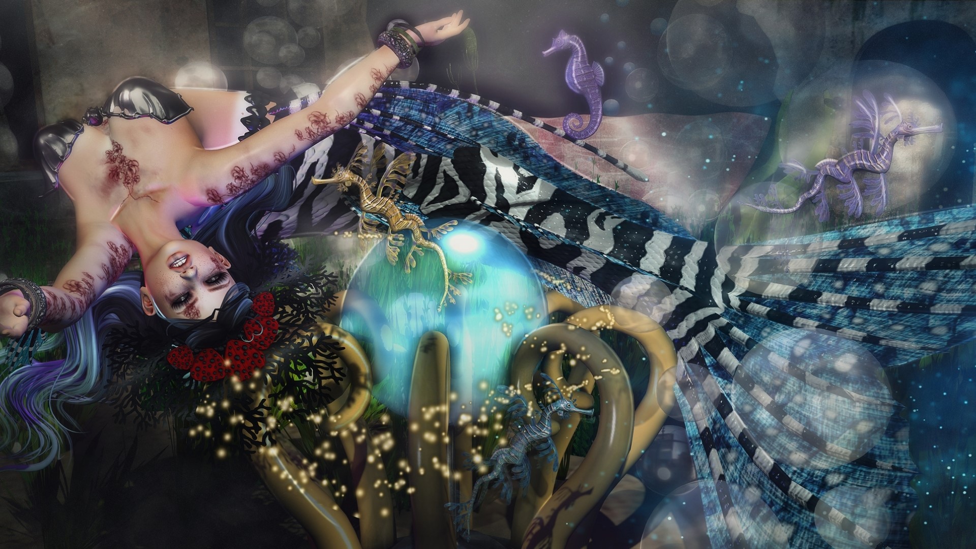 Fantasy mermaid with seahorses and sea dragons HD Wallpaper