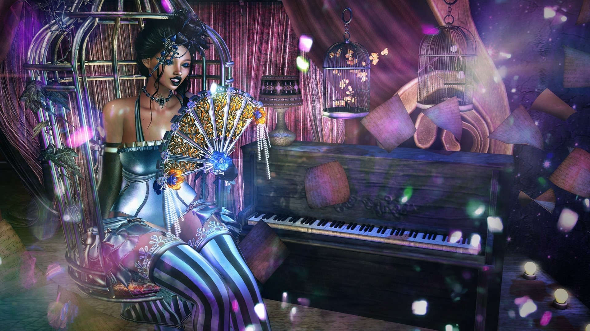 Fantasy girl in a birdcage chair with a fan HD Wallpaper