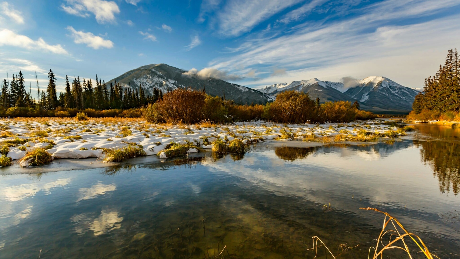 Snowy mountain landscape with river and trees HD Wallpaper