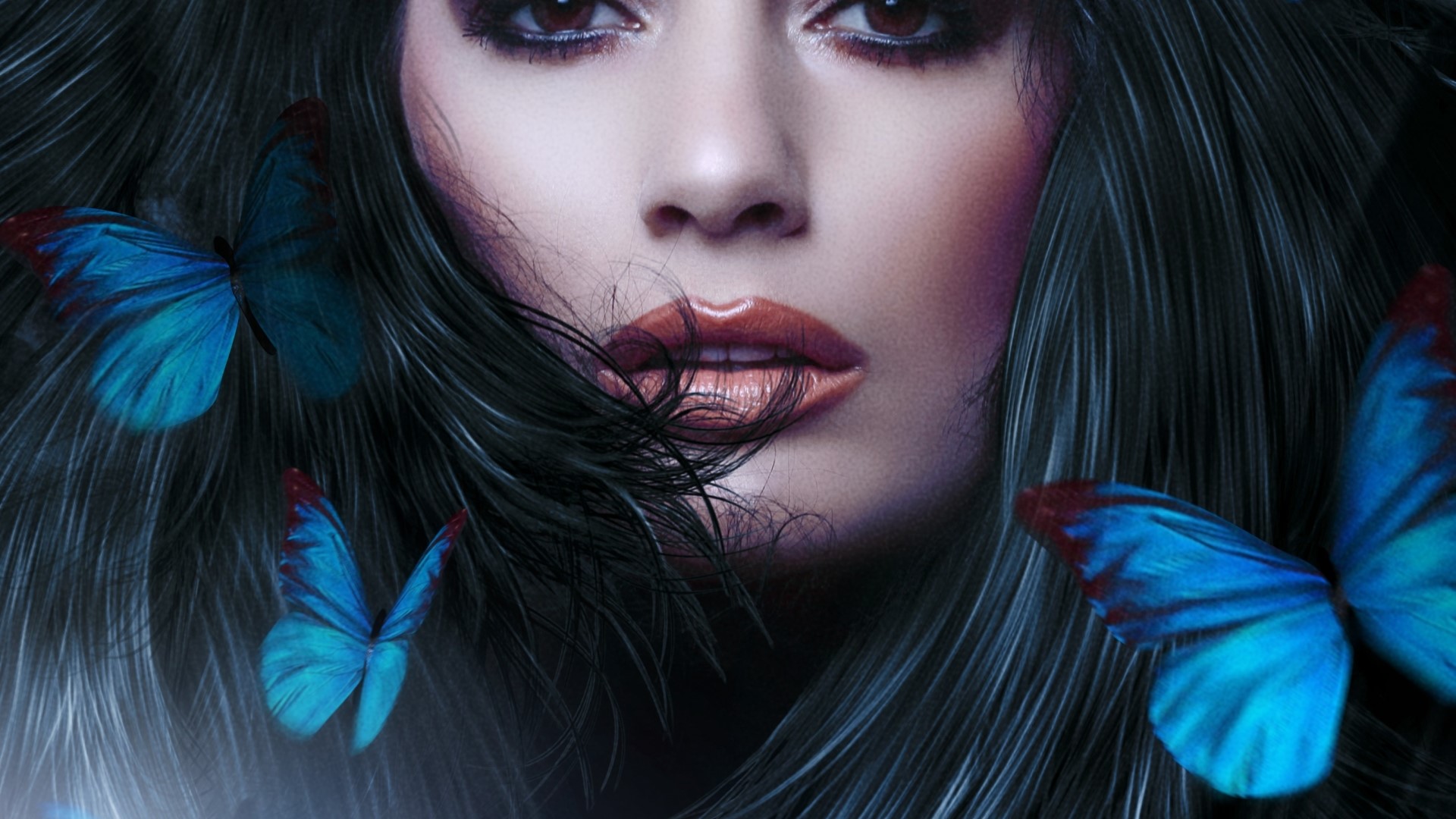 Woman with blue butterflies and dark hair HD Wallpaper