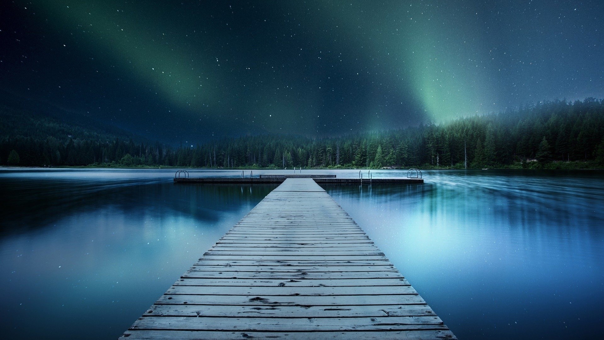 Wooden pier under the aurora borealis at night HD Wallpaper