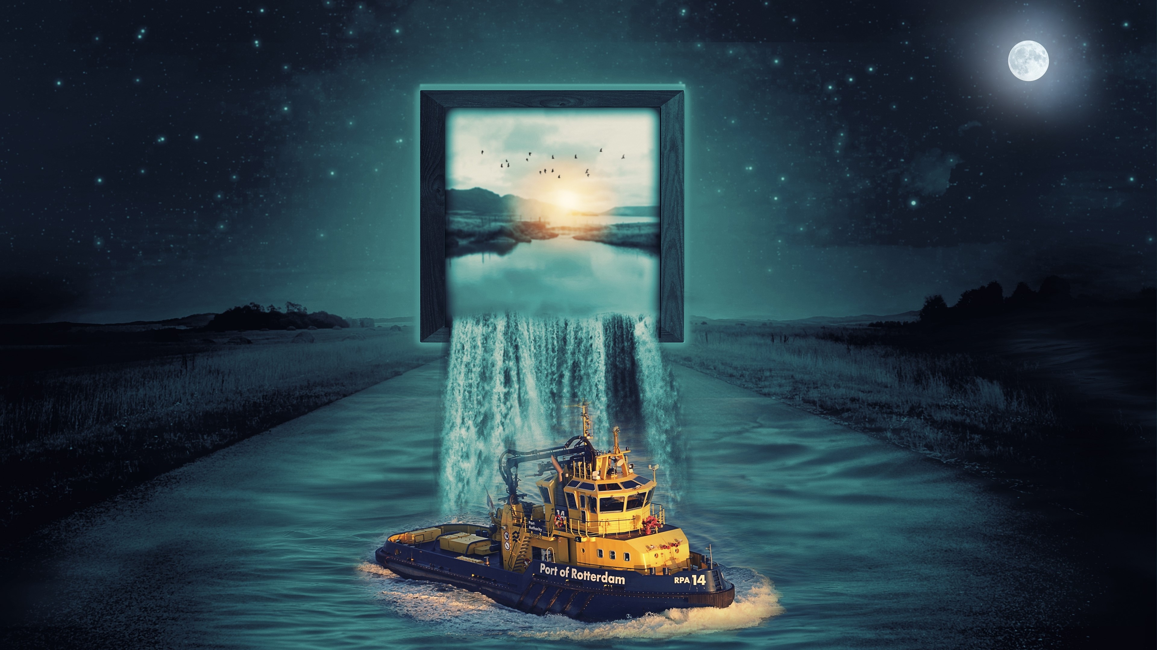 4K Night scene with a tugboat and a waterfall from a frame HD Wallpaper