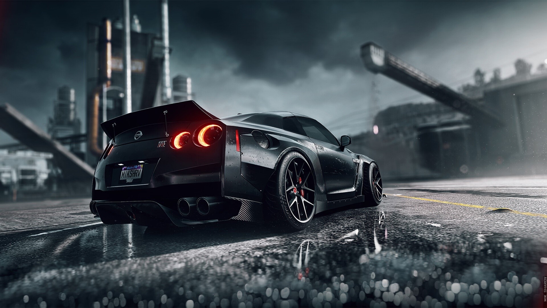 Black Nissan GT-R on wet road HD Wallpaper