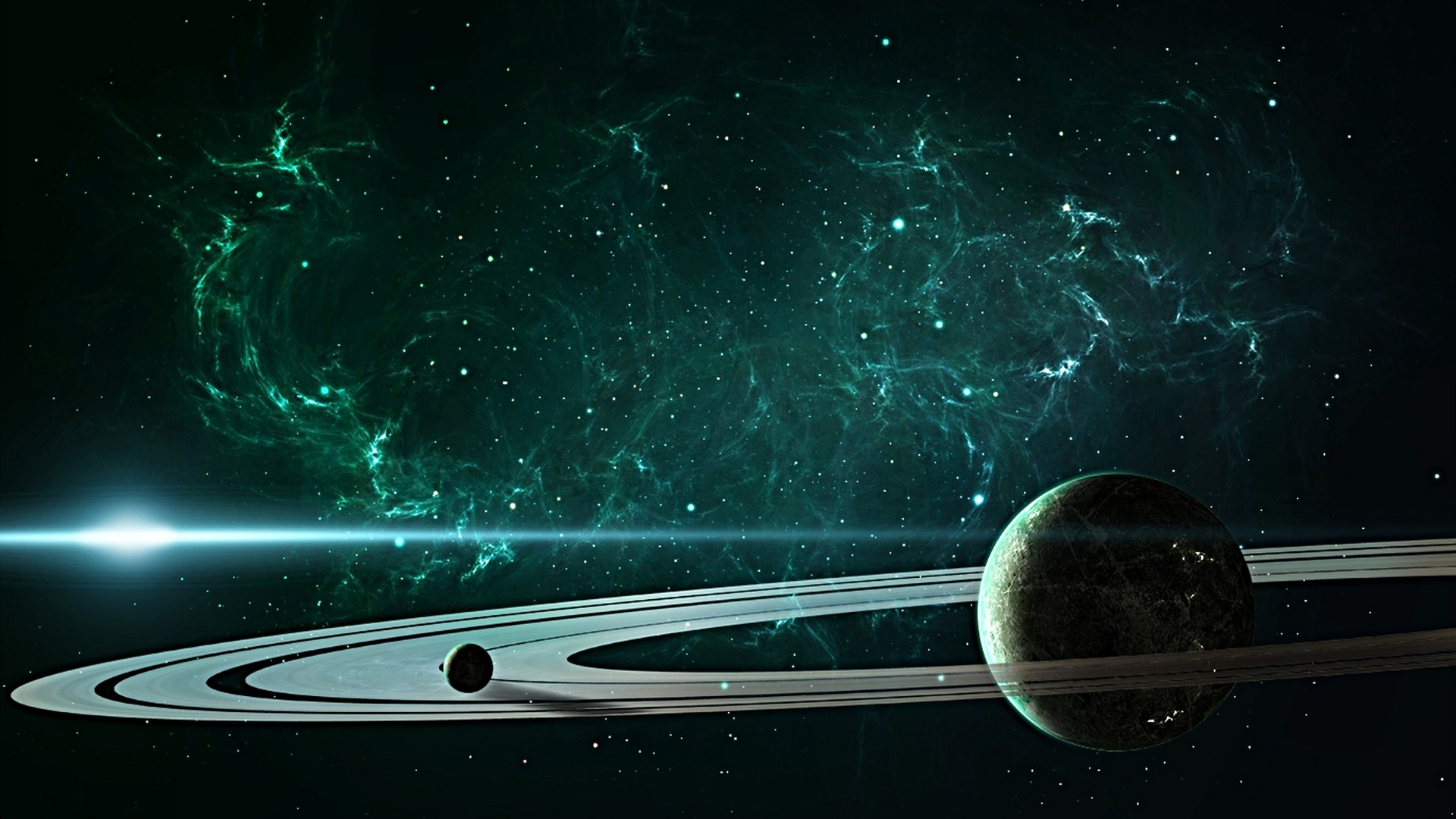 Planet with rings in a nebula HD Wallpaper