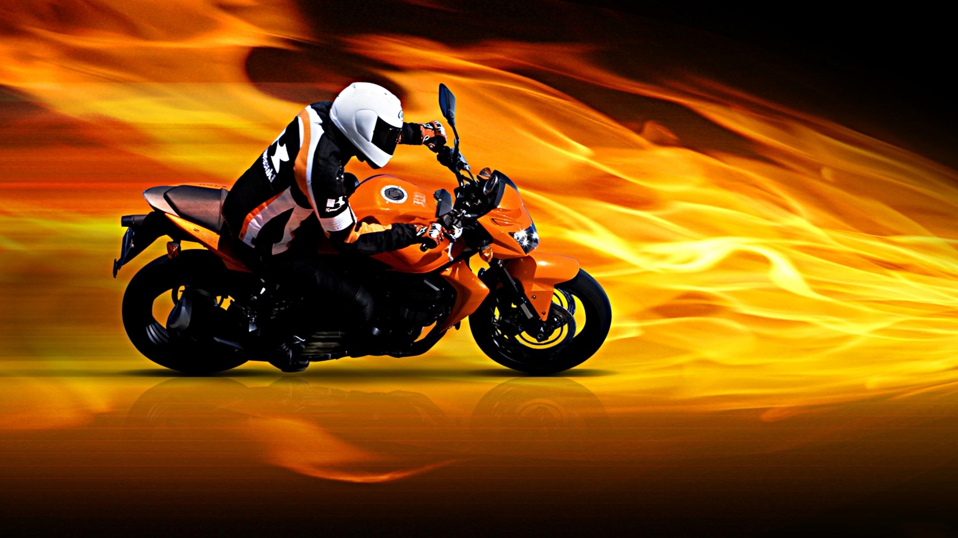Motorcyclist in Orange Gear on Orange Motorcycle with Flames HD Wallpaper