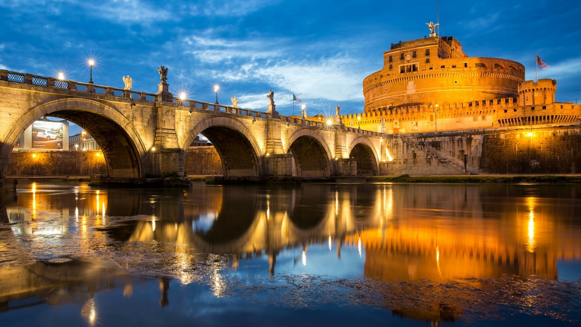 Castel Sant'Angelo and Ponte Sant'Angelo at dusk HD Wallpaper
