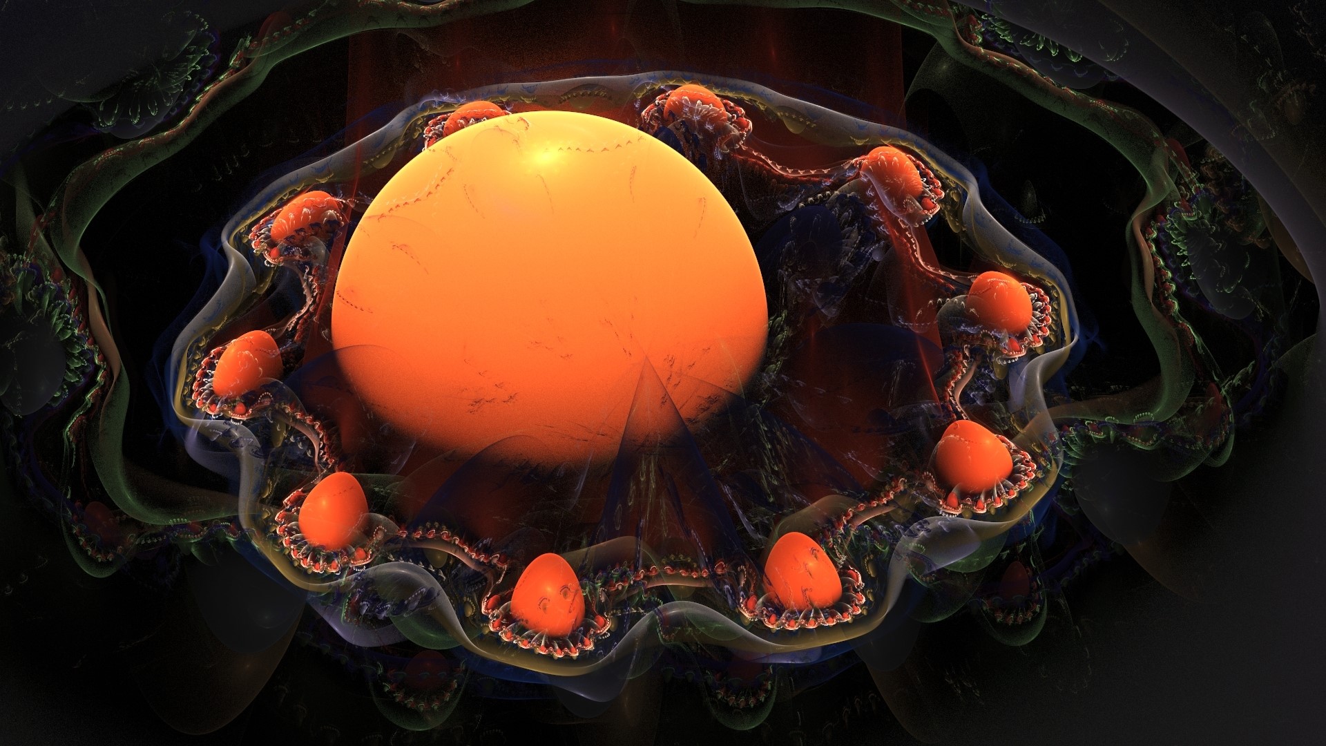 Abstract 3D fractal with orange sphere and tentacles HD Wallpaper