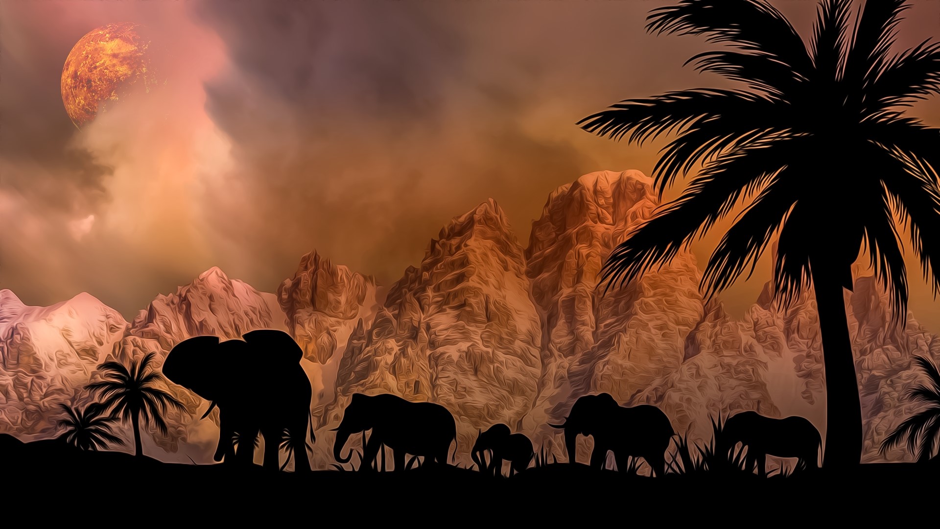 Elephants walking in front of mountains and palm trees with a planet in the sky HD Wallpaper