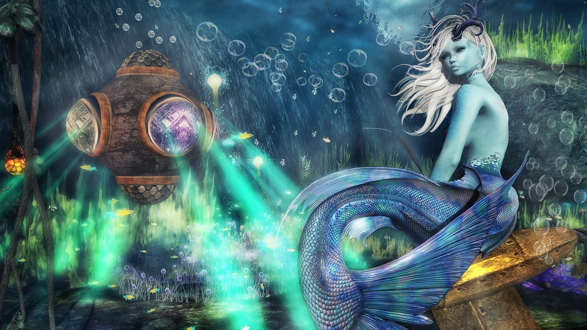 Fantasy mermaid with underwater structure and fish HD Wallpaper