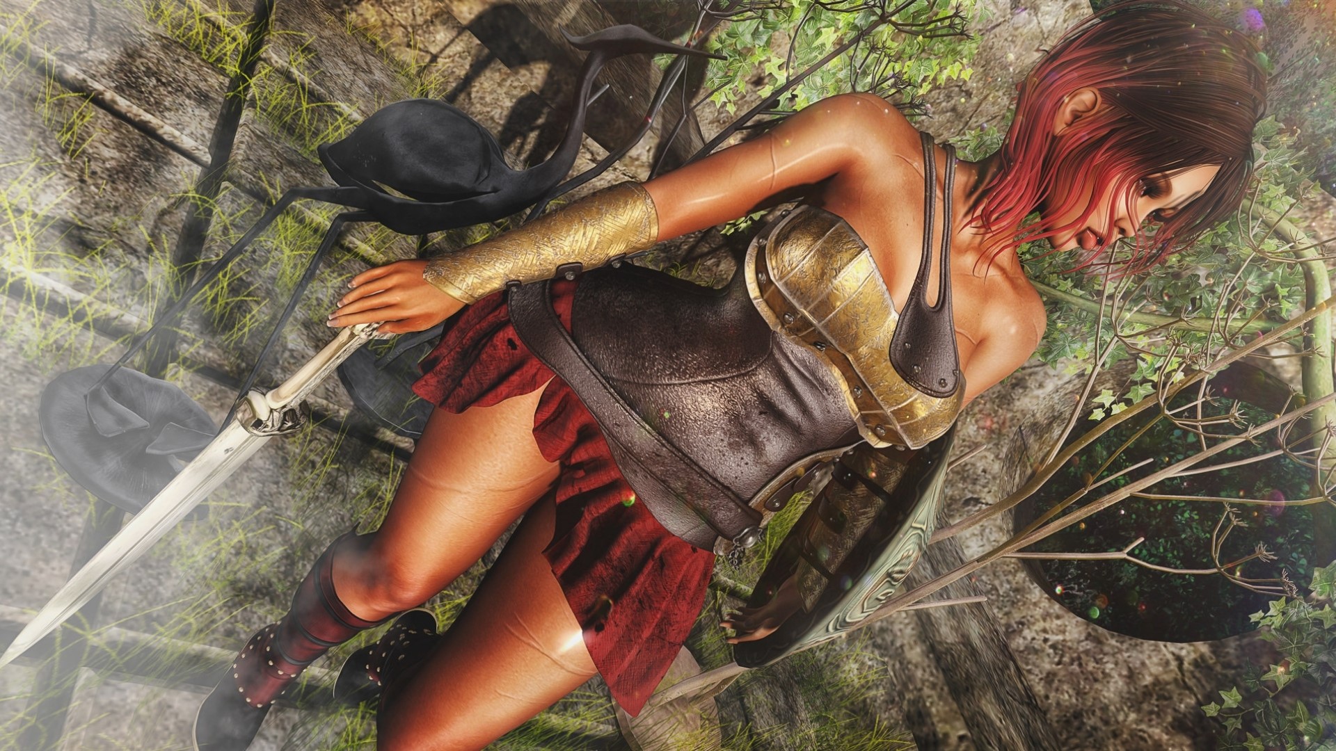 3D fantasy girl with sword and shield HD Wallpaper