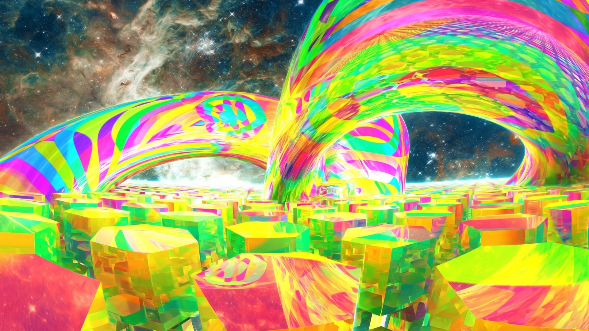 Psychedelic Abstract Landscape with Cosmic Background HD Wallpaper