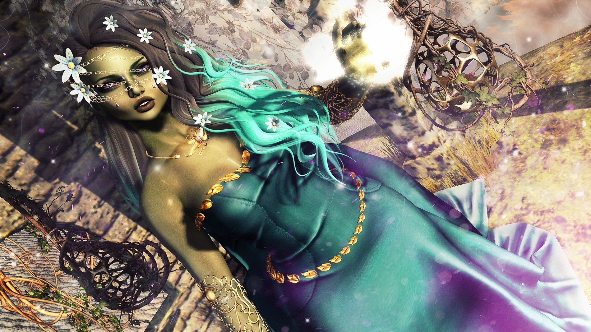 Fantasy girl with glowing orb and ornate cage HD Wallpaper