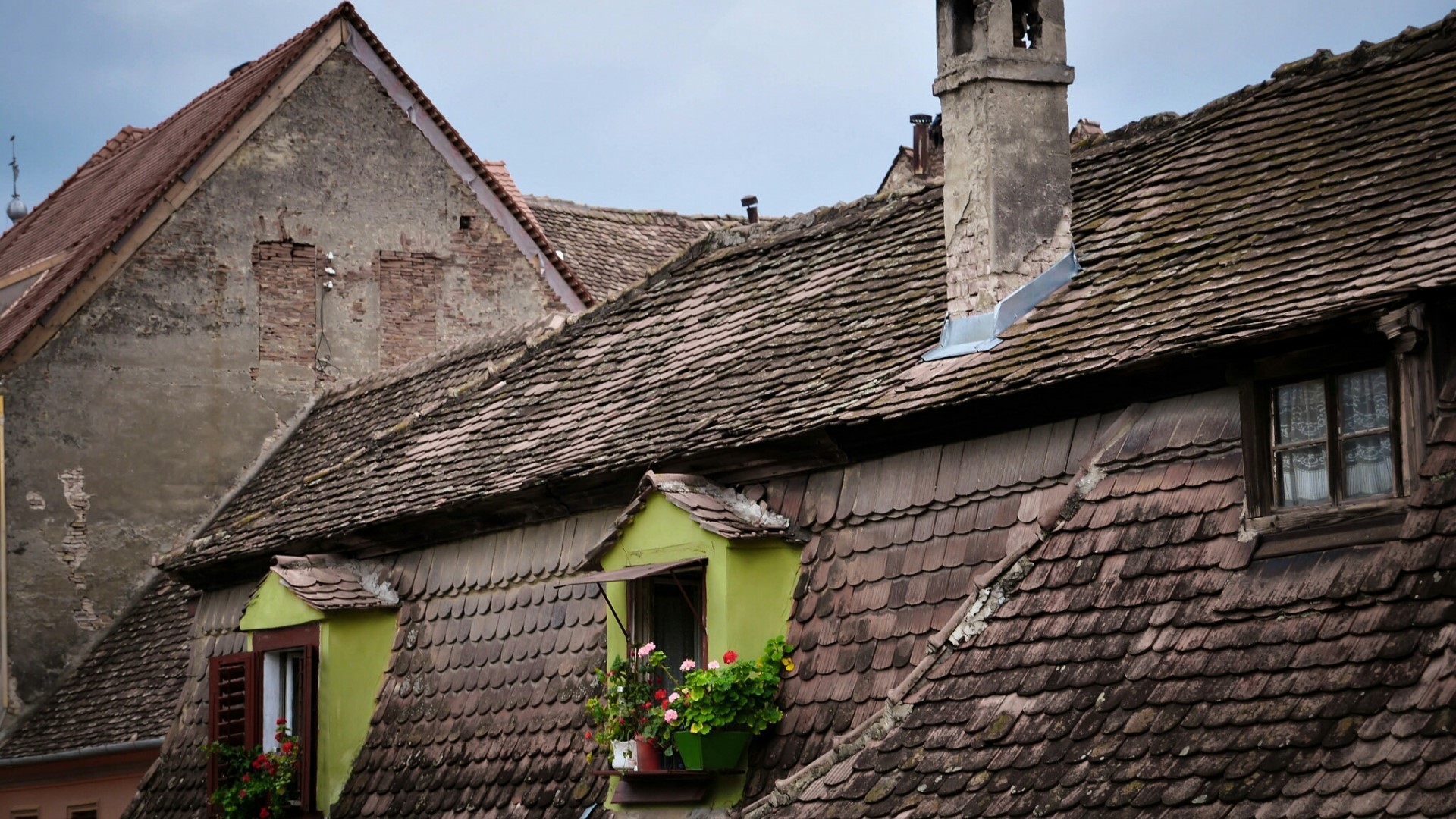 Old tiled roofs with dormer windows and chimney HD Wallpaper