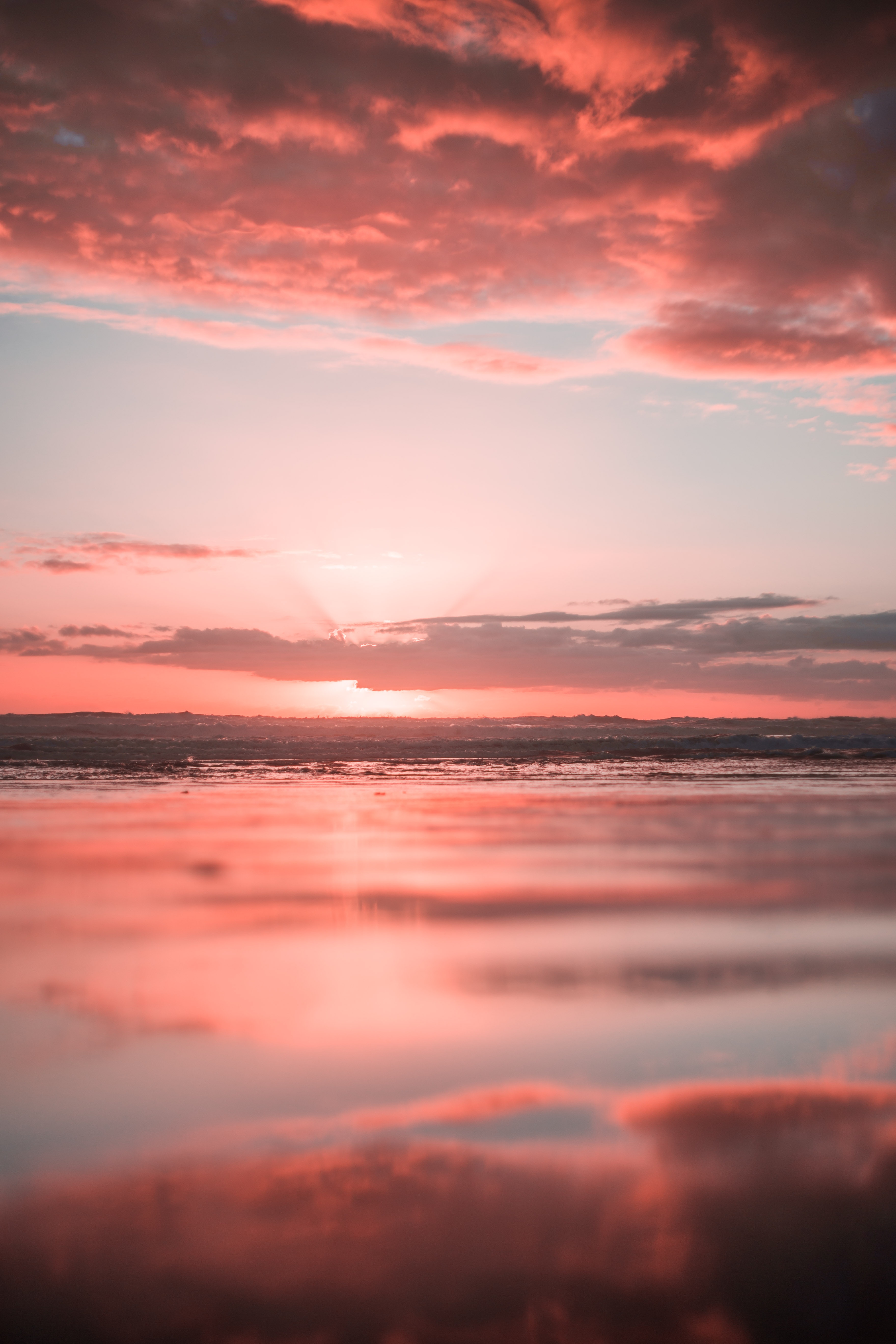 Sunset over the ocean with coral clouds HD Wallpaper