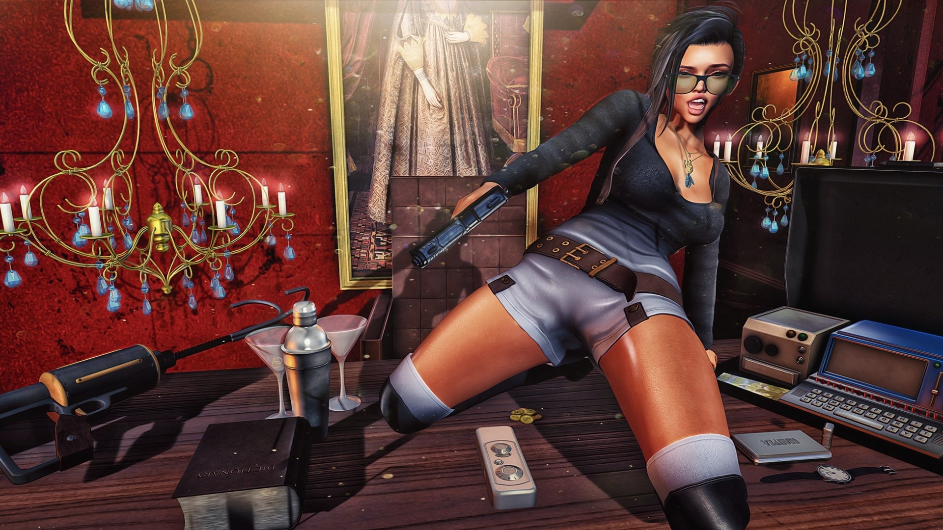 3D fantasy girl with gun and martini shaker HD Wallpaper