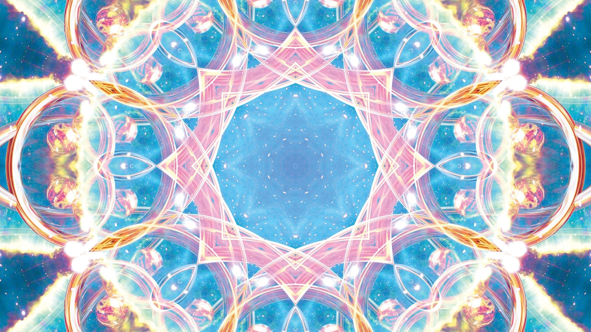 Kaleidoscopic Abstract Geometric Pattern with Cosmic Elements HD Wallpaper