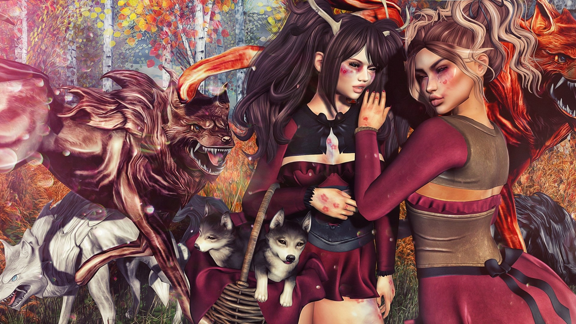 Fantasy girls with wolves in autumn forest HD Wallpaper