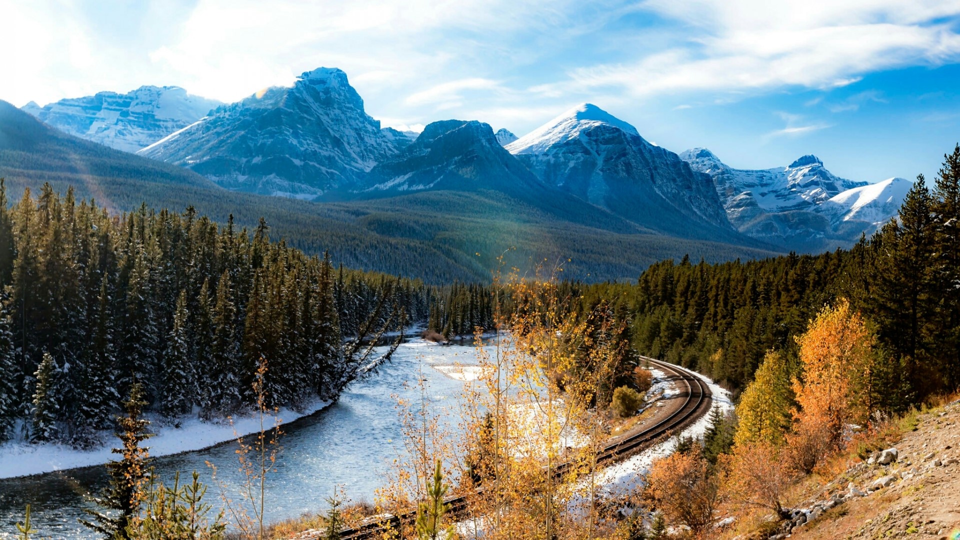Mountain landscape with river and train tracks HD Wallpaper