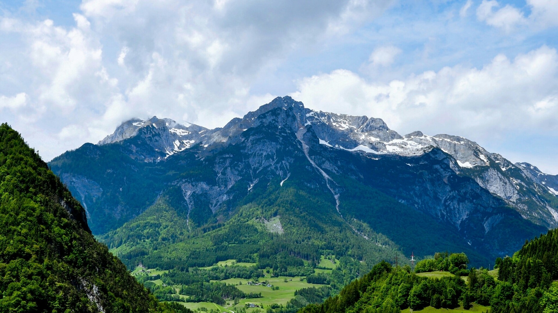 Mountain landscape with green valleys and clouds HD Wallpaper