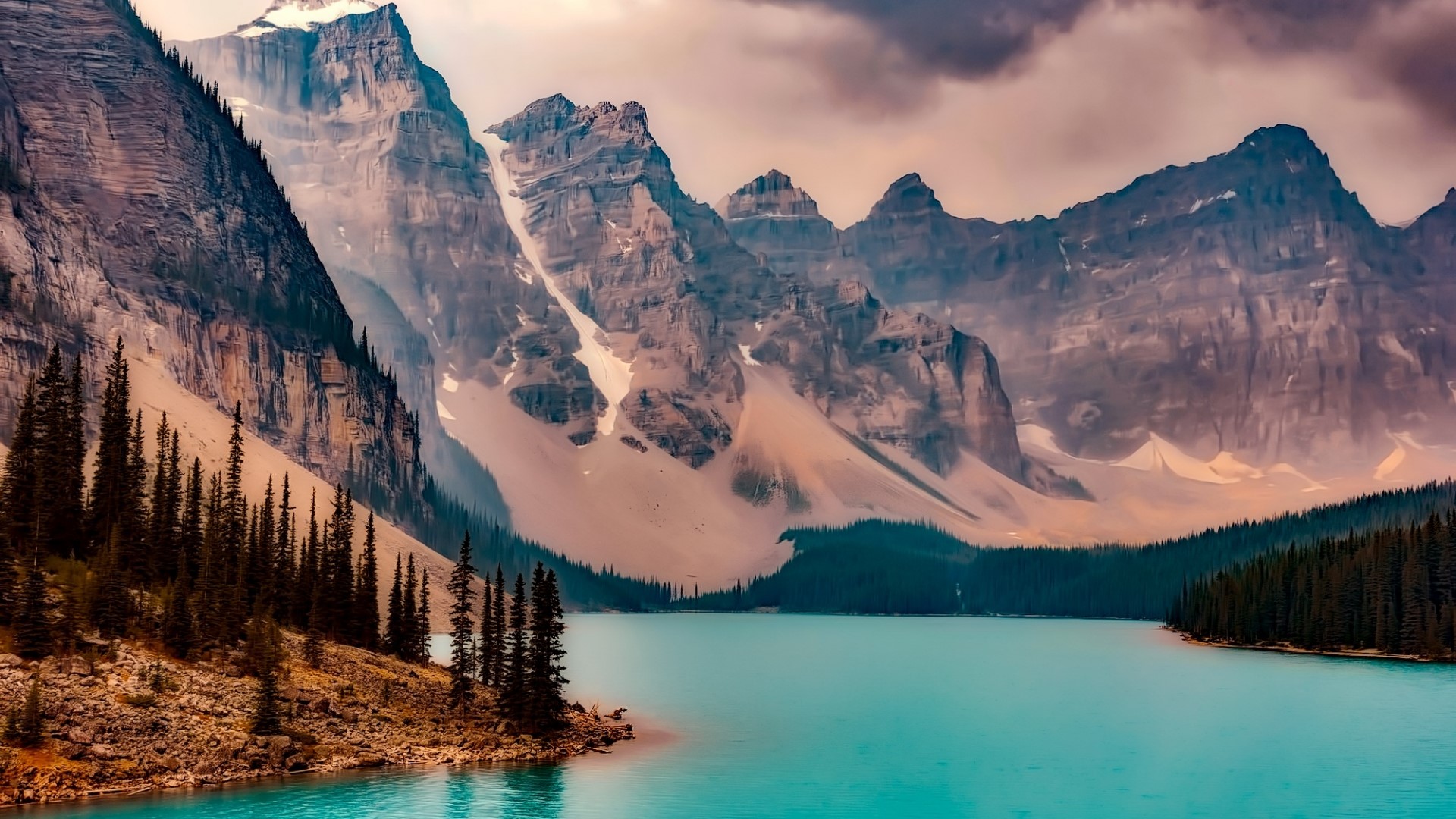 Turquoise lake and rocky mountains with pine trees HD Wallpaper