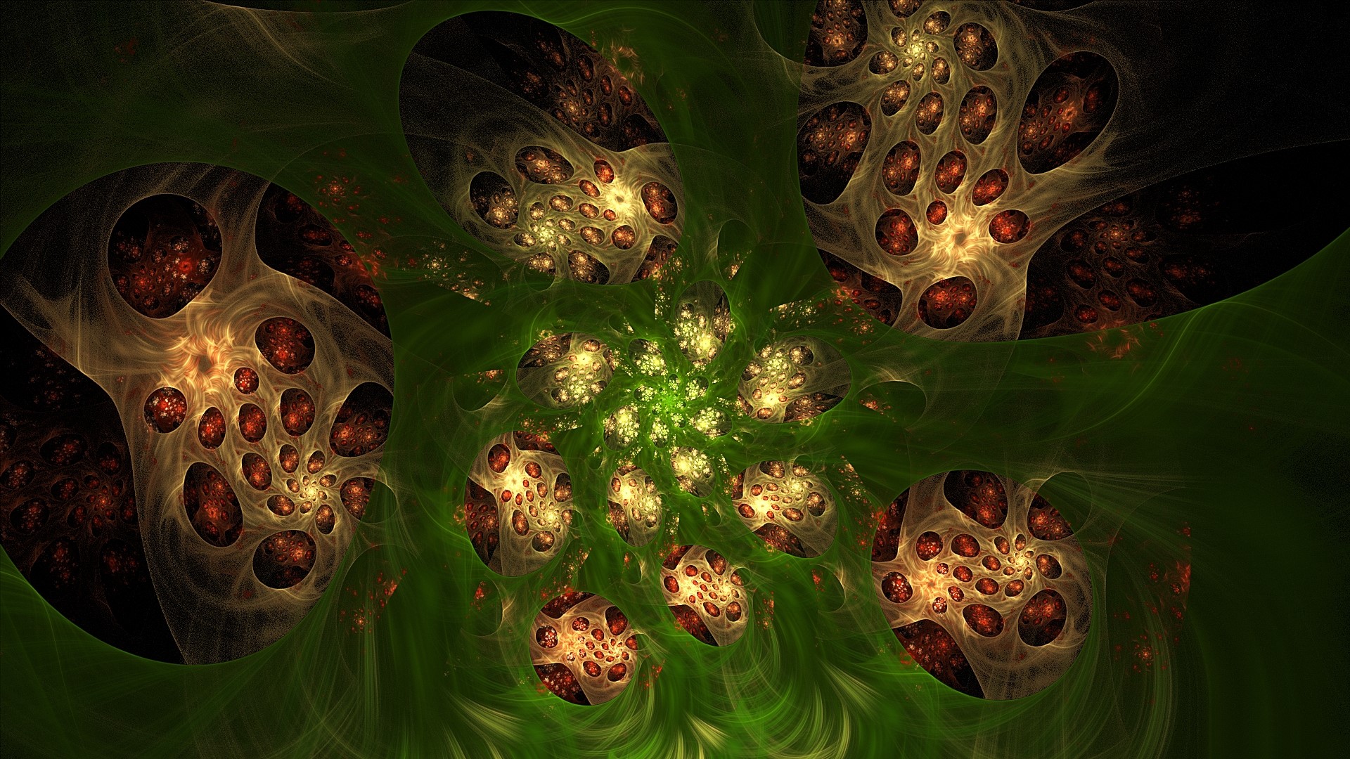 Abstract fractal art with green and gold spirals HD Wallpaper