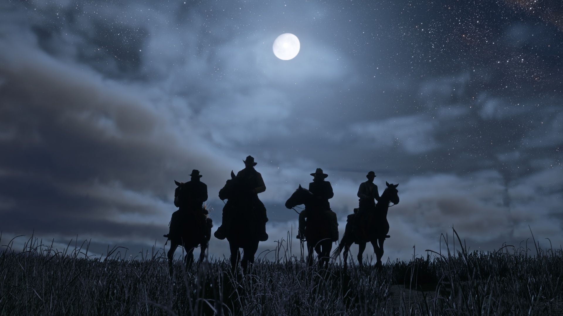 Silhouettes of cowboys on horses under a full moon in Red Dead Redemption 2 HD Wallpaper