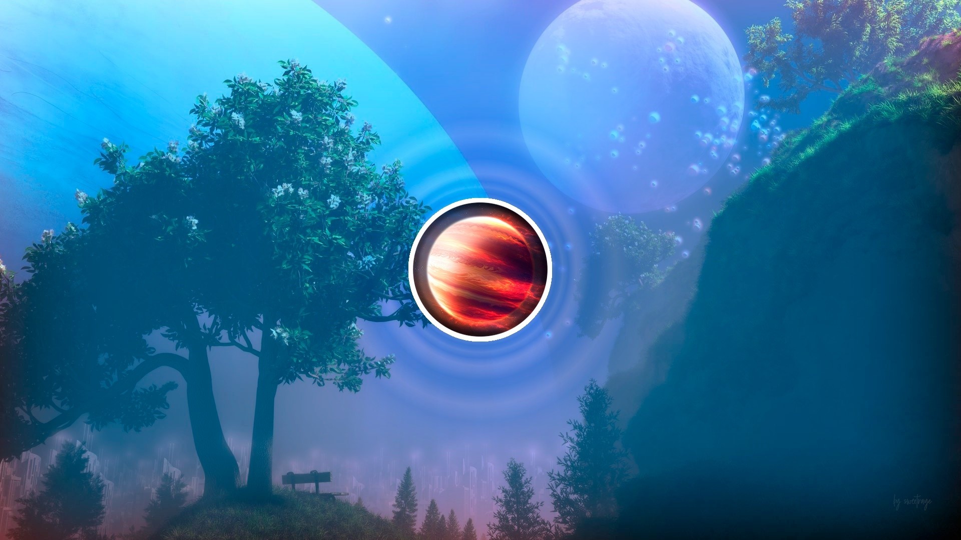 Planet with rings and trees HD Wallpaper