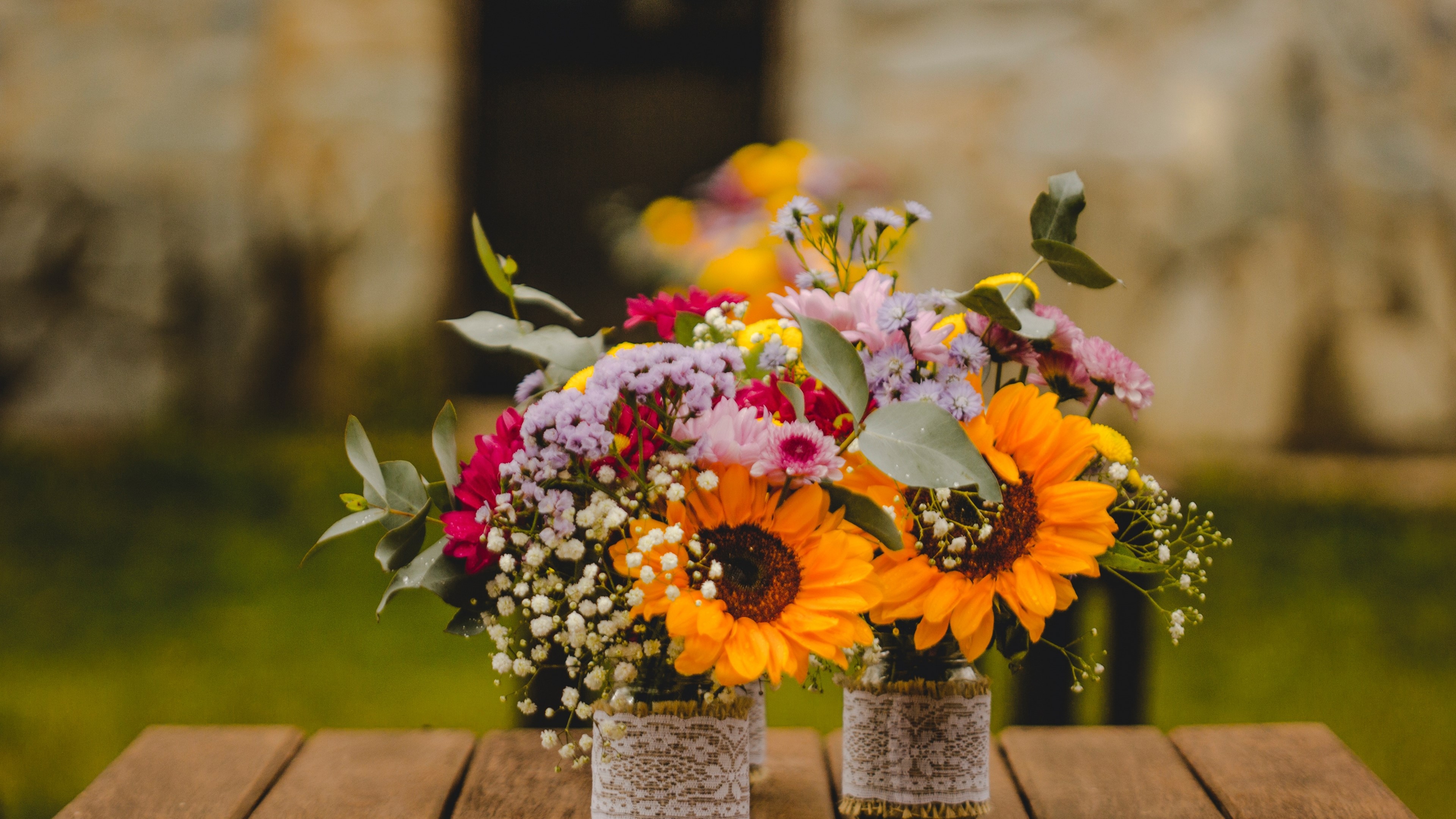 Two bouquets of sunflowers and other flowers HD Wallpaper