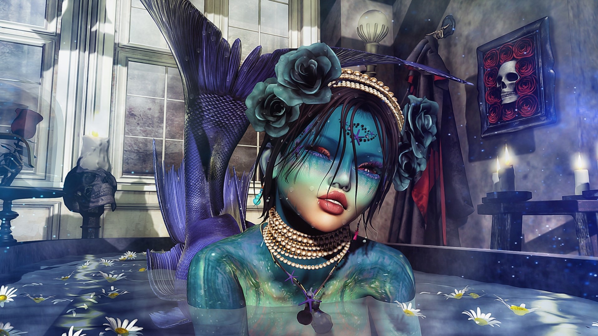 Fantasy mermaid with blue skin and purple tail in a bathtub HD Wallpaper
